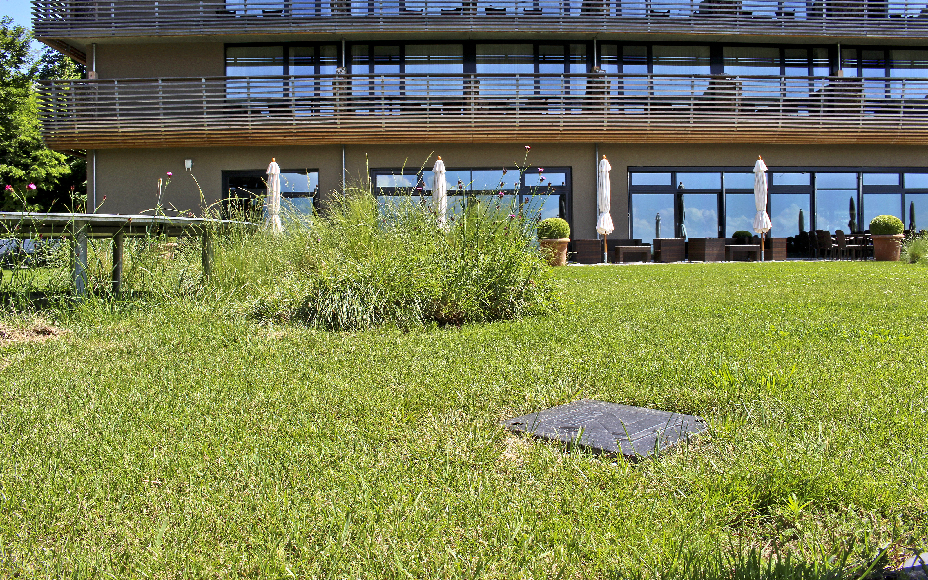 Roof garden with lawn, shrubs and a ventilation shaft